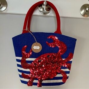 Mudpie Small Tote Bag Red Sequin Crab Nautical Coastal Beach